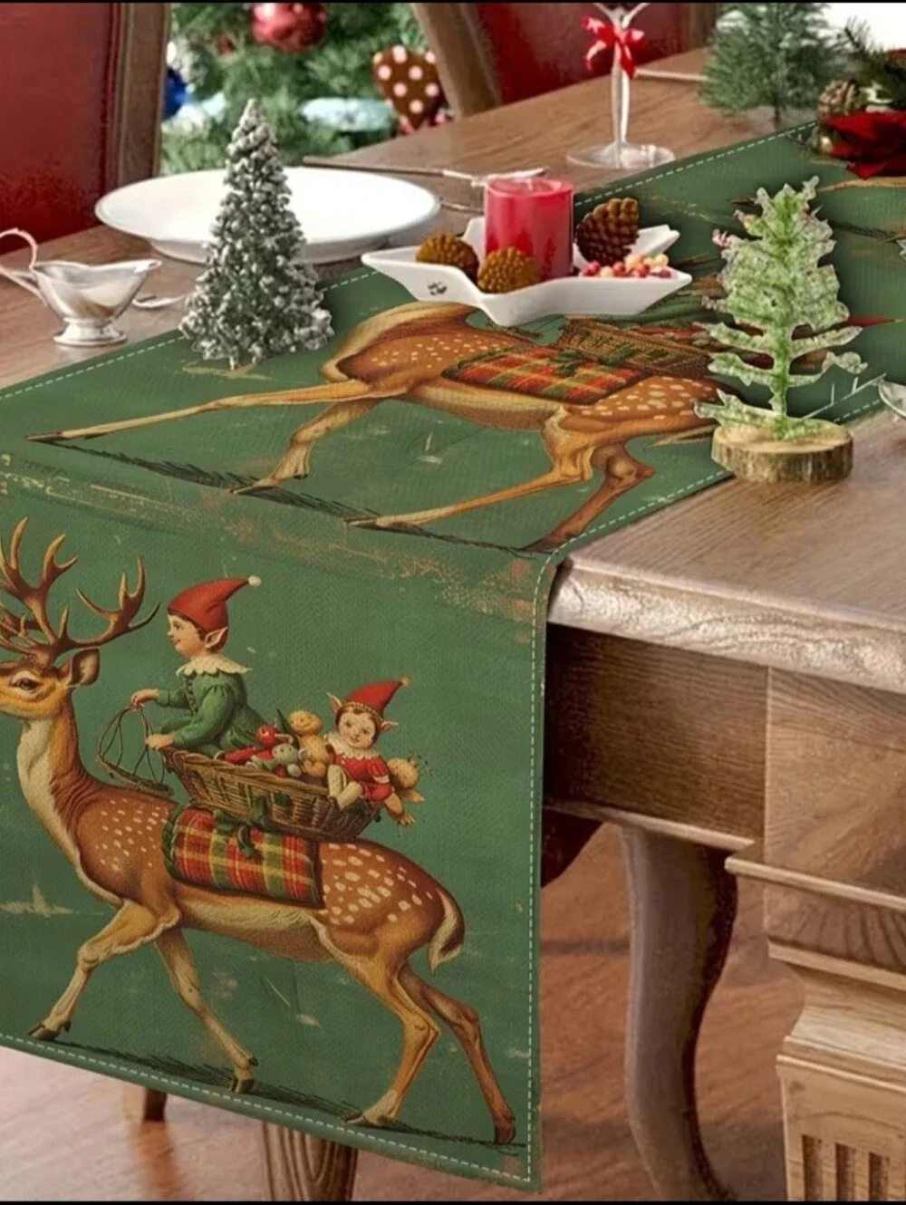 German Barvarian Christmas Tablecloth Runner Elves Reindeers Retro Cottagecore
